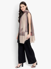 Women Fine Wool, Beige with Designer Border Kunj Soft Warm Woven Shawl / Wrap