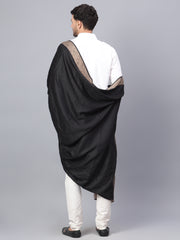 Mens Self Textured Contrast Woven Border Fine Wool Black Shawl / Lohi