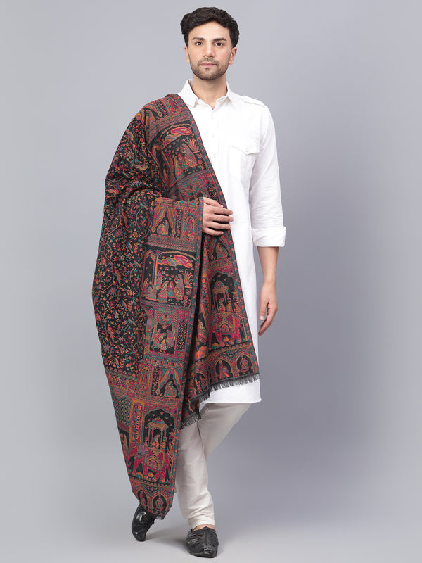 Men  Fine Wool Mughal Darbar Kaani Jaal Pashmina Black Shawl