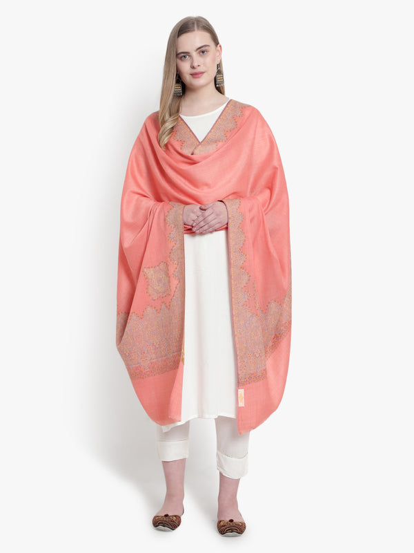 women fine Wool , Melange border kunj , Kashmiri Peach Shawl