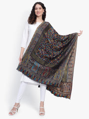 Women Fine Wool Black Kaani Jaal with Zari Border Stole / Shawl