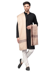 Mens Self Textured Contrast Woven Border Fine Wool Beige Shawl / Lohi