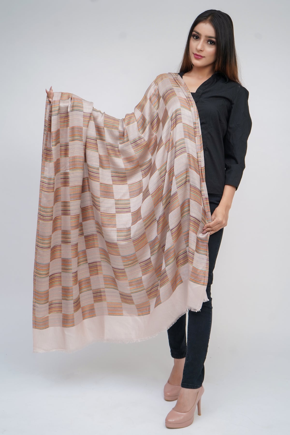 Fine Wool, Check Box, , Soft & Warm Beige Shawl