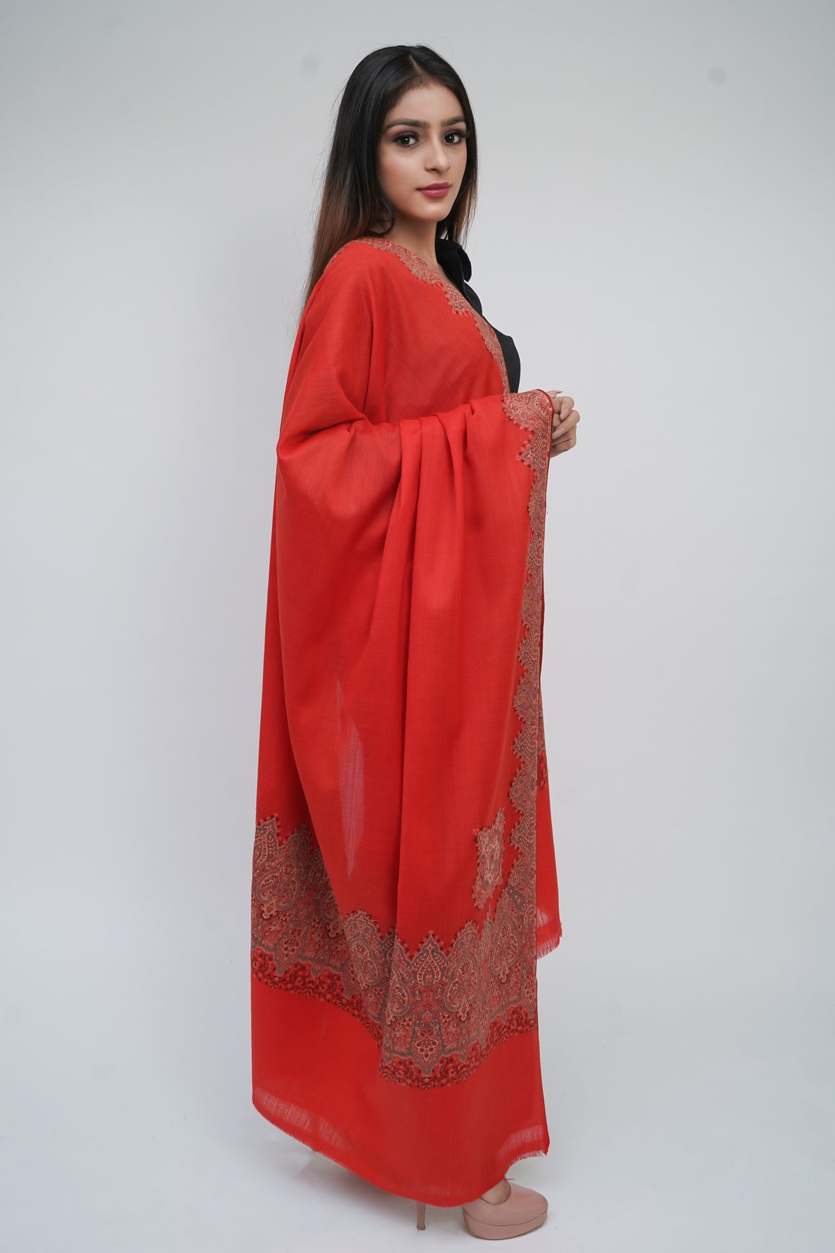 Fine Wool Jacquard Woven  Kashmiri Soft & Warm Red Shawl