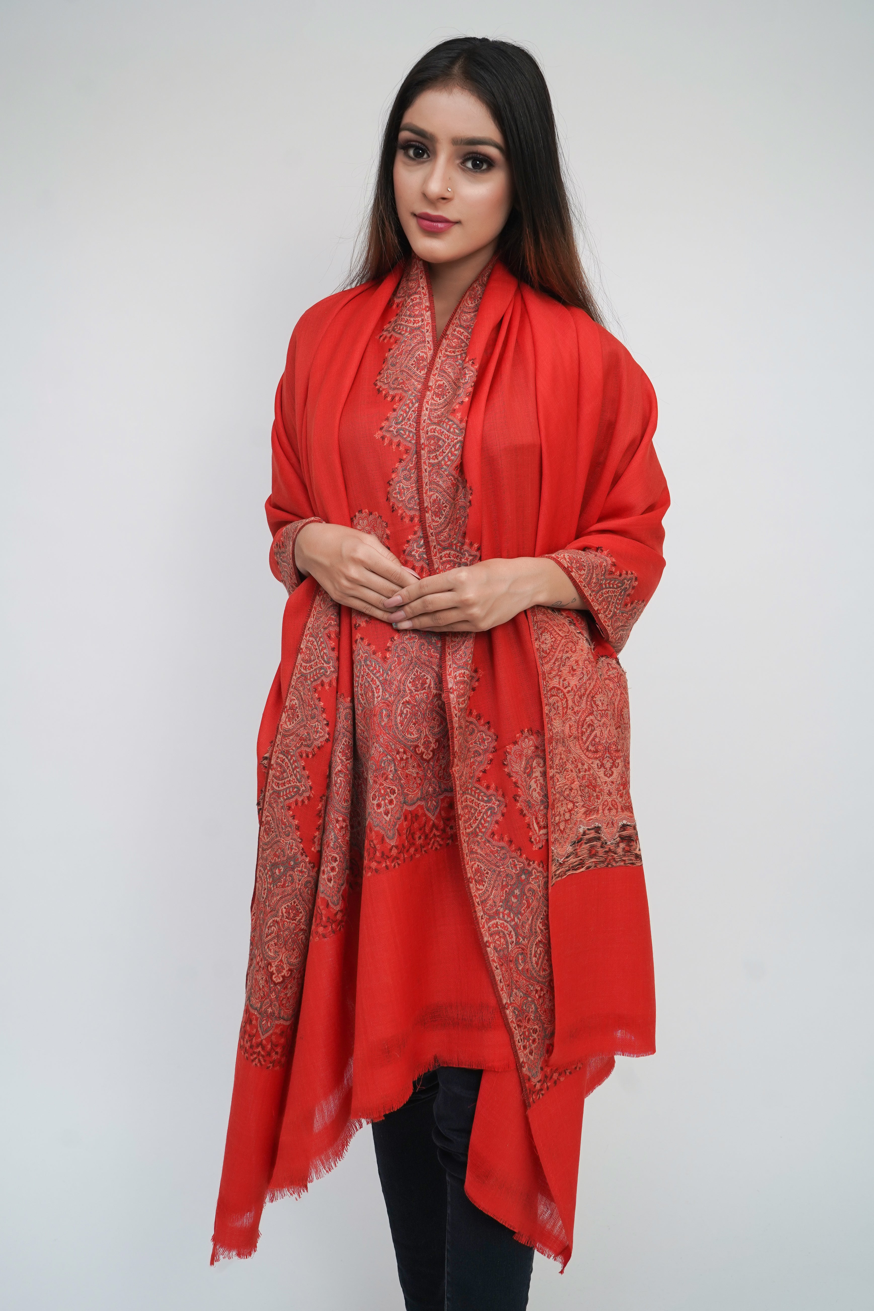 Fine Wool Jacquard Woven  Kashmiri Soft & Warm Red Shawl