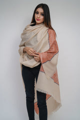 Fine Wool, Designer Contrast Palla, Pashmina, Soft & Warm Beige  Shawl