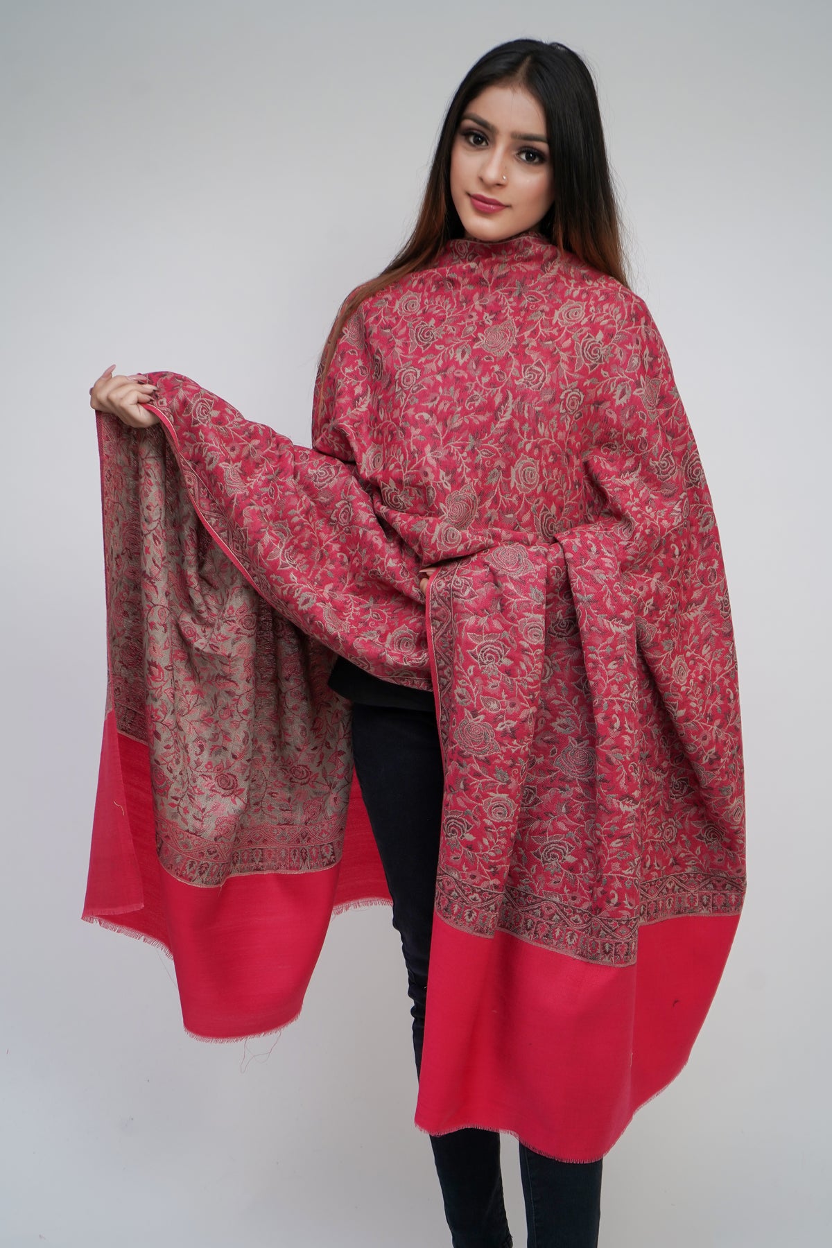 Mizash Fine Wool Floral Jaal Pink Woven Shawl