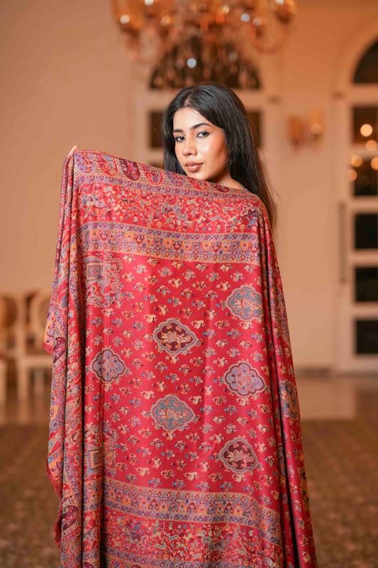 Women Fine Wool Ethnic Weave with Mughal Figures Extra Soft & Warm Red Luxury Shawl