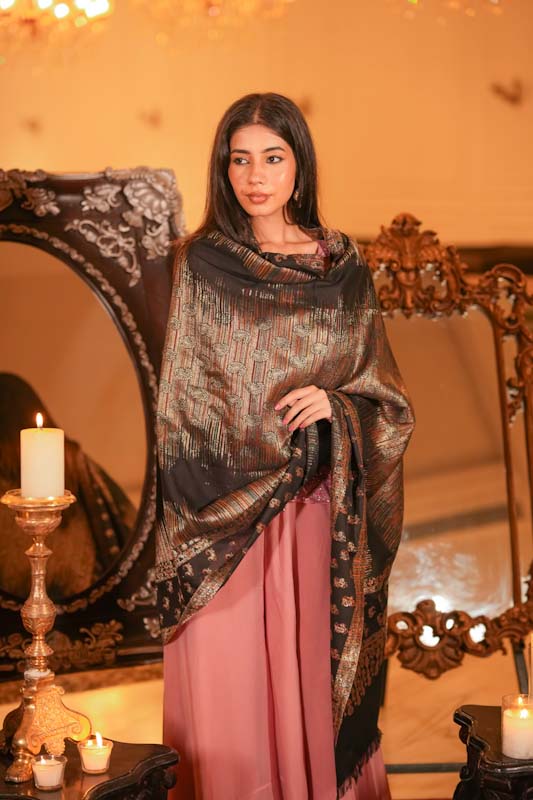 Women Fine Wool Metallic Zari Weave Soft warm Shawl