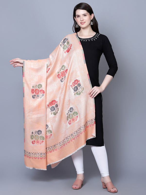 Women Fine Wool Peach Self texture with floral Motifs Jacquard woven desginer Shawl/ Wrap