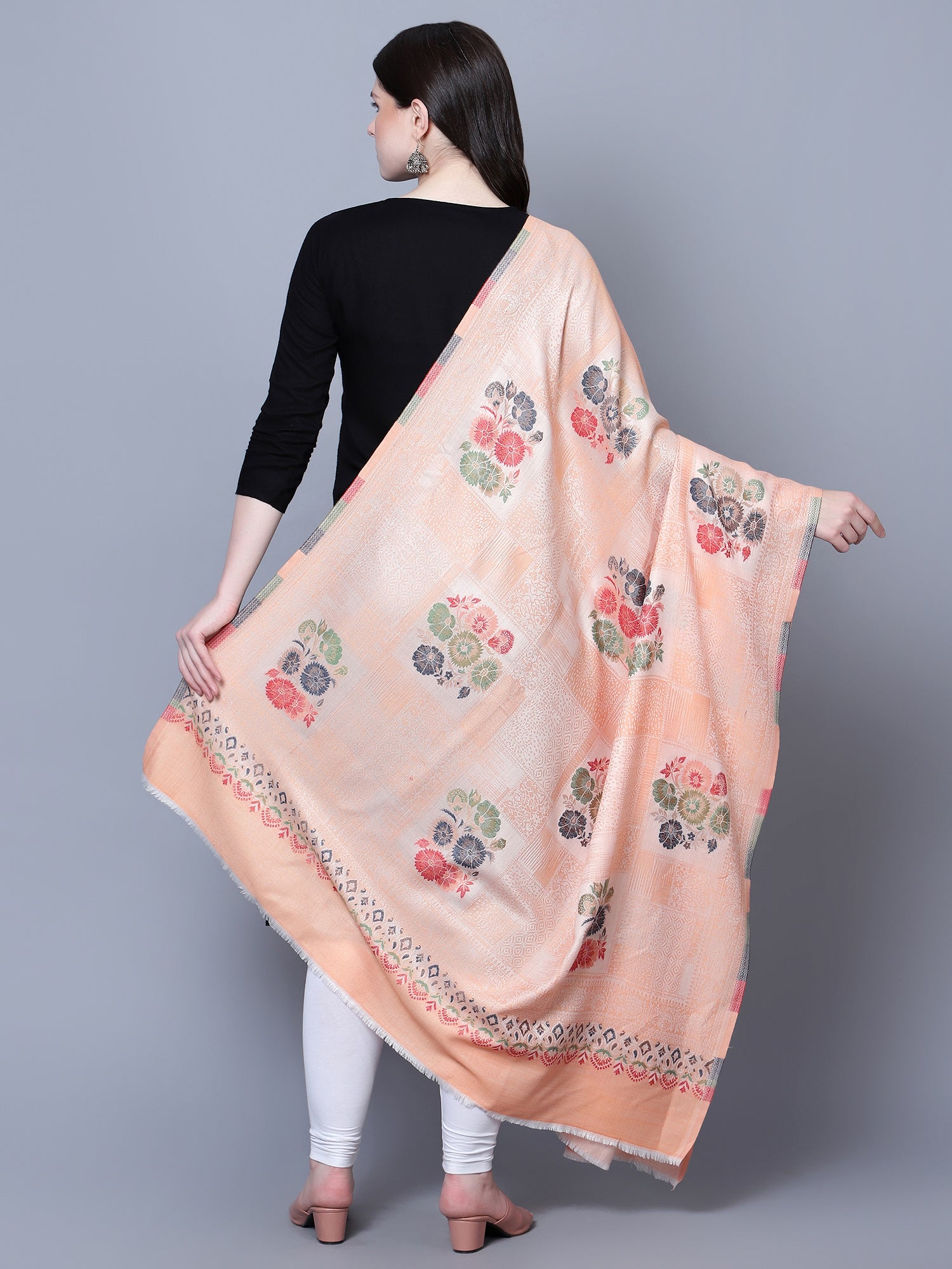 Women Fine Wool Peach Self texture with floral Motifs Jacquard woven d ...