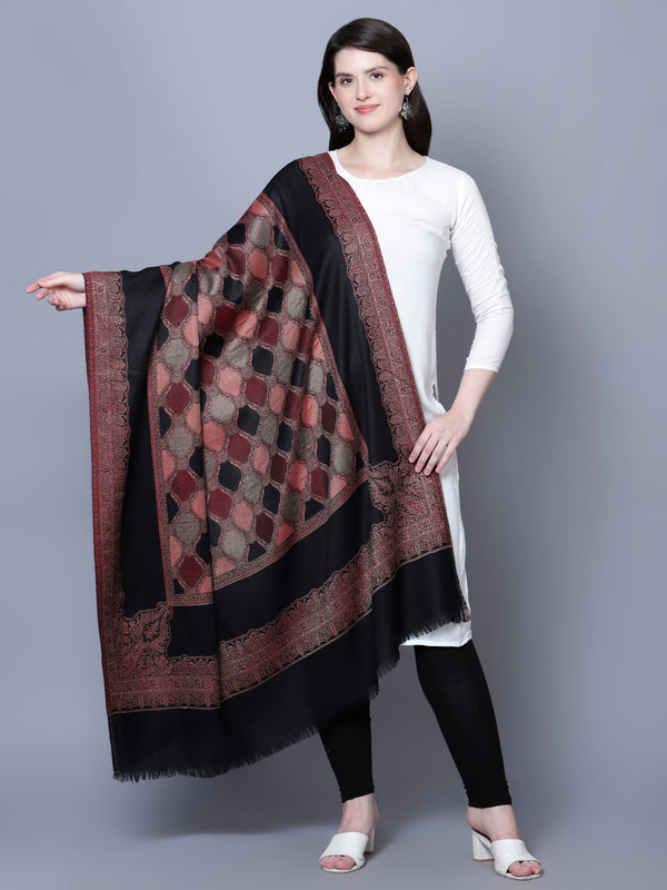 Women Fine Wool Jamawar Jaal Kashmiri Royal Border Black Shawl