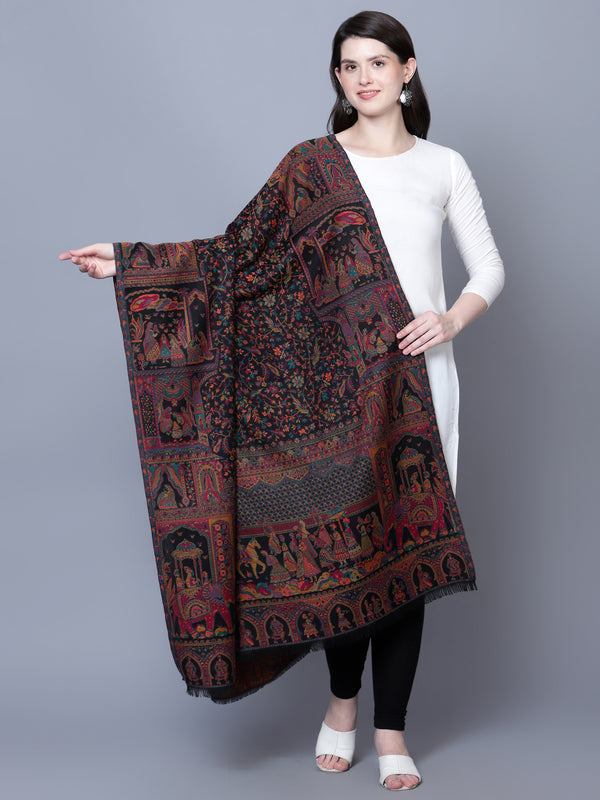 Women Fine Wool Mughal Darbar Kaani Jaal Pashmina Black Shawl