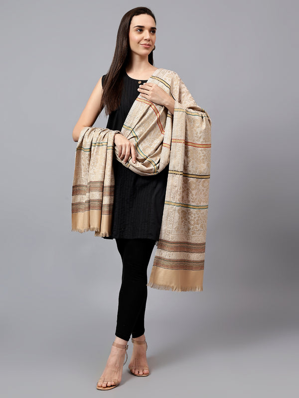 Women Fine Wool Beige Designer with zari weave Soft & Warm Shawl