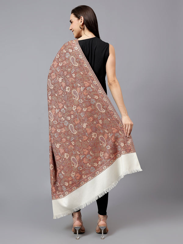 Women Fine Wool Beige Ethnic Weave White with Multi Soft & Warm Shawl