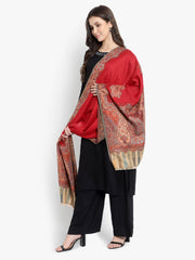 Women Fine Wool, Red Designer Kaani Cutting  Soft Warm Woven Stole / Shawl