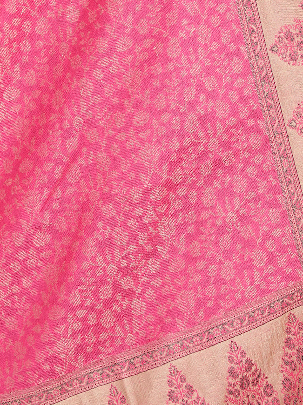 Women Fine Wool, Pink Floral with Contrast Border Designer Soft Warm Woven Shawl / Wrap
