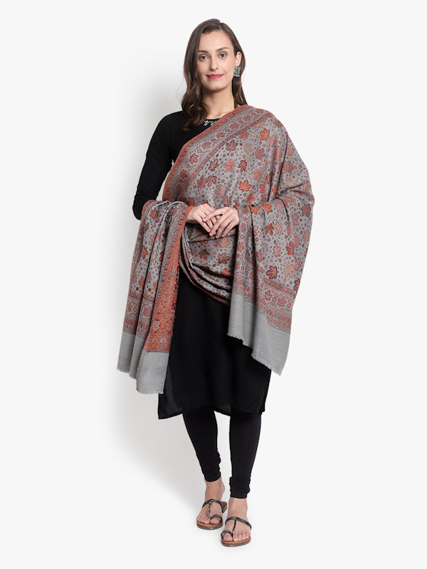 Fine Wool, Grey Floral Soft & Warm Woven Shawl
