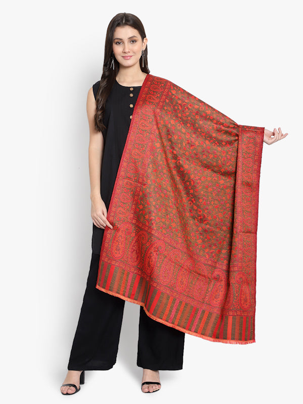 Women Wool Blend , Red Jacquard Woven Designer Shawl/ Wrap
