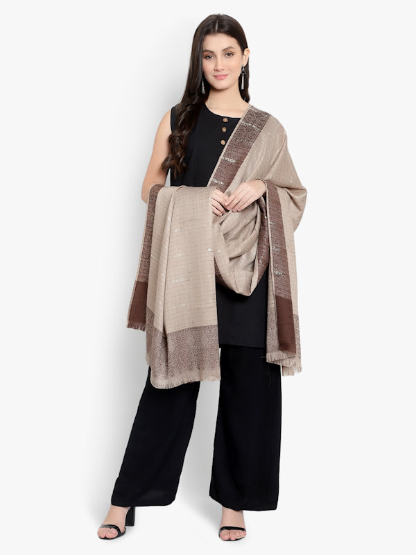 Women Fine Wool, Beige Stripes Pattern  Soft Warm Woven Shawl