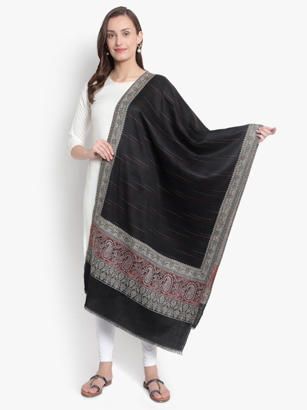 Fine wool, Black Stripes with Paisley Soft Woven Stole