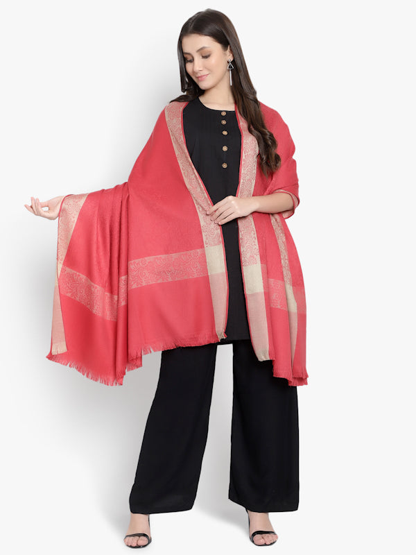 Women Fine Wool, Pink Textured with Contrast Border Designer Soft Warm Woven Shawl / Wrap