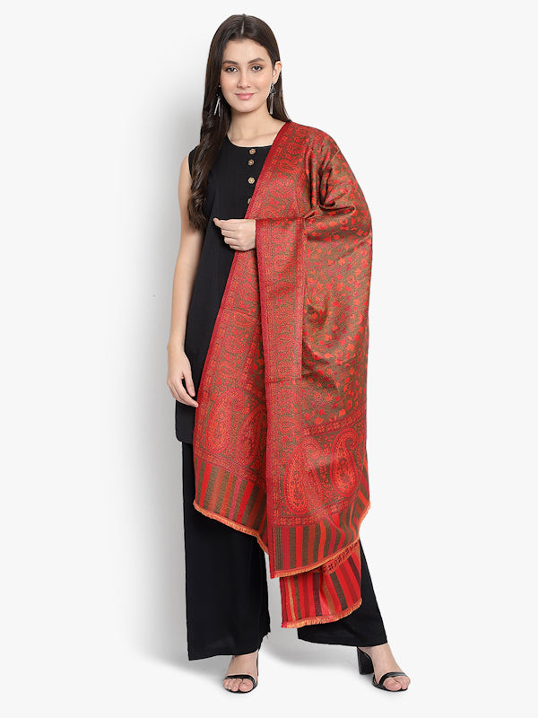 Women Wool Blend , Red Jacquard Woven Designer Shawl/ Wrap