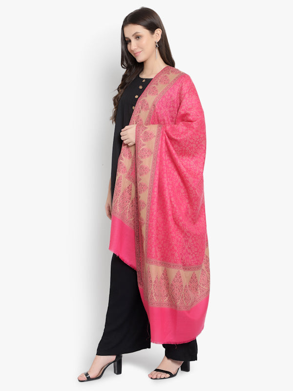 Women Fine Wool, Pink Floral with Contrast Border Designer Soft Warm Woven Shawl / Wrap