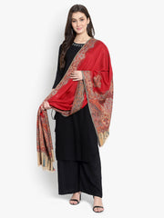 Women Fine Wool, Red Designer Kaani Cutting  Soft Warm Woven Stole / Shawl