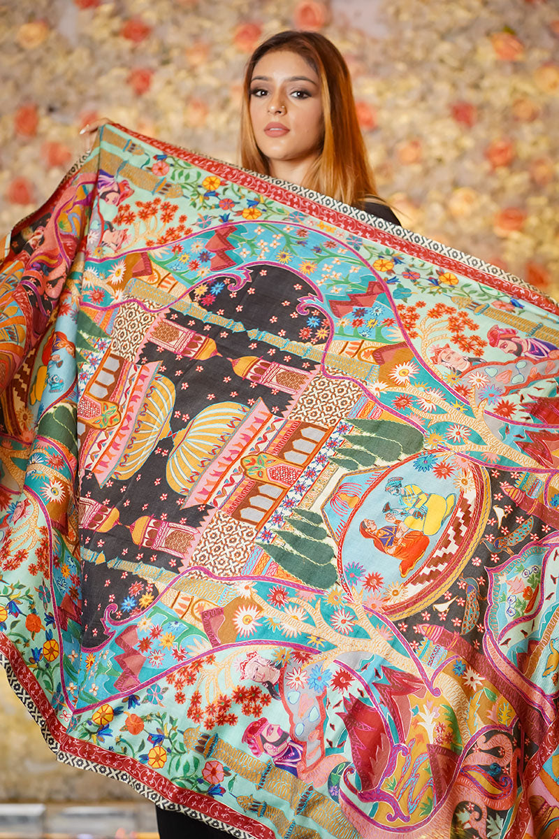 Kalamkari Fine Wool Pashmina, Hand Embroidered Soft & Warm Luxury Shawl