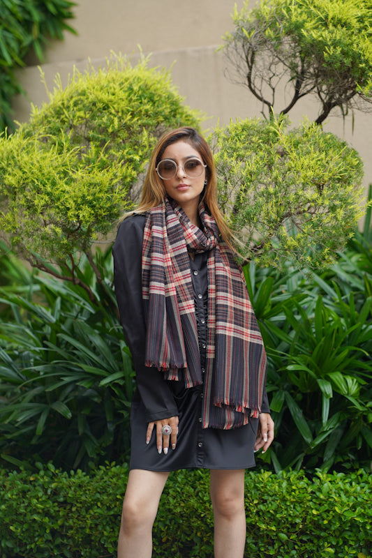 Fine Wool Designer Check Black & Red Shawl – mizash